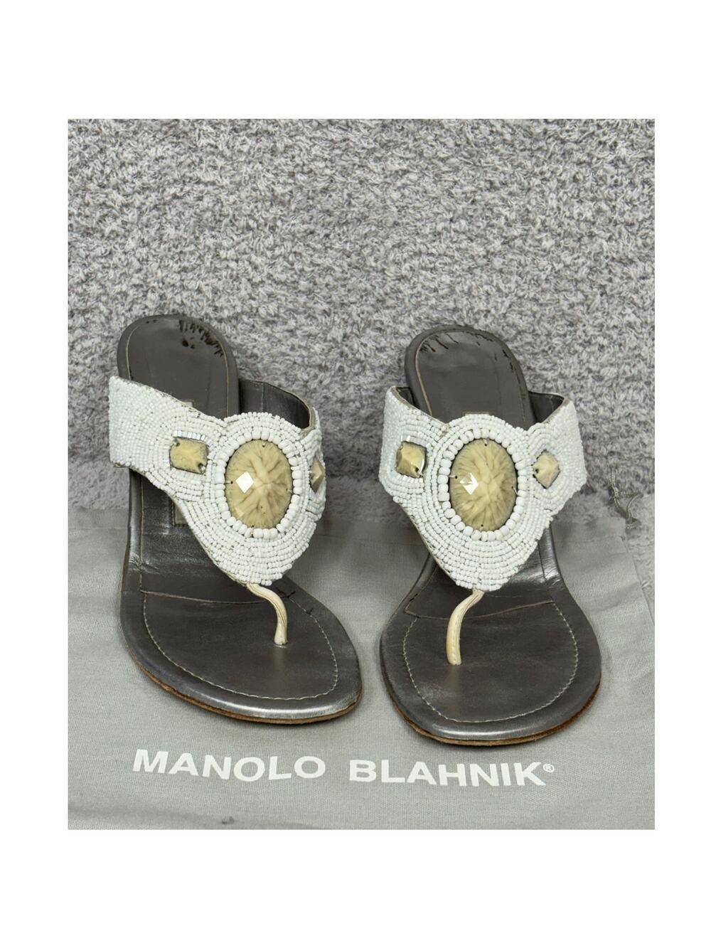 Manolo Blahnik White Beaded Heeled Sandals Size 10 #73939